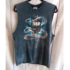 VTG Alamo City Harley Blue Mineral Wash Cut-Off Muscle Tank Hat Skull Men Medium