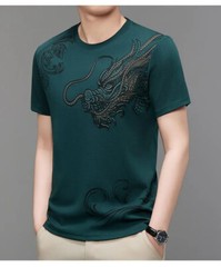 New Men Fashion Trend Dragon Rhinestones Hot Drill Short Sleeve Summer T-Shirt