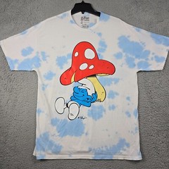 Smurfs Tie Dye Shirt Mens Large L Blue White Retro Mushroom Cartoon Casual NWT