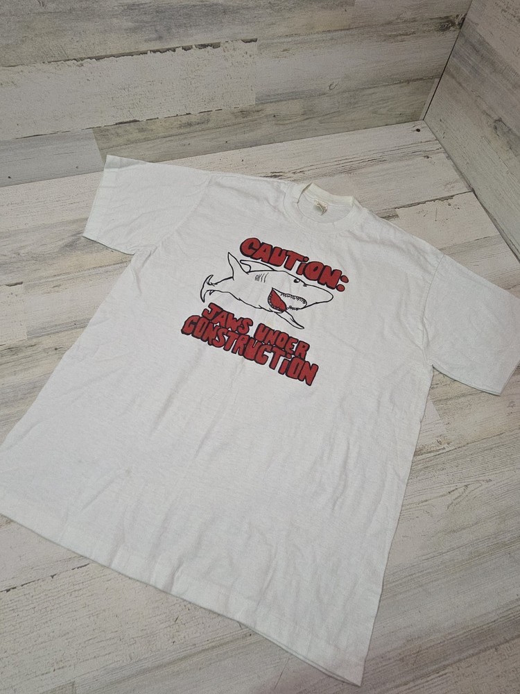 80s Jaws Under Construction Caution T Shirt Single Stitch USA 1980s RARE