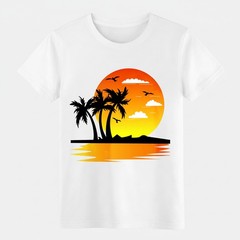 Tropical Sunset Palm Tree Graphic T-Shirt, Retro Beach Summer Casual Tee