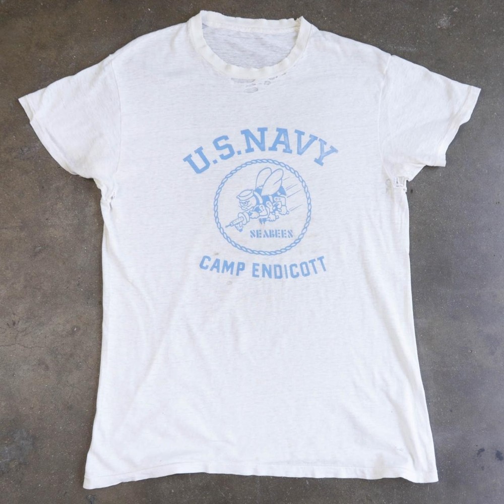Vtg 50s 60s US Navy Seabees Camp Endicott T Shirt Single Stitch Soft Sheer M/L
