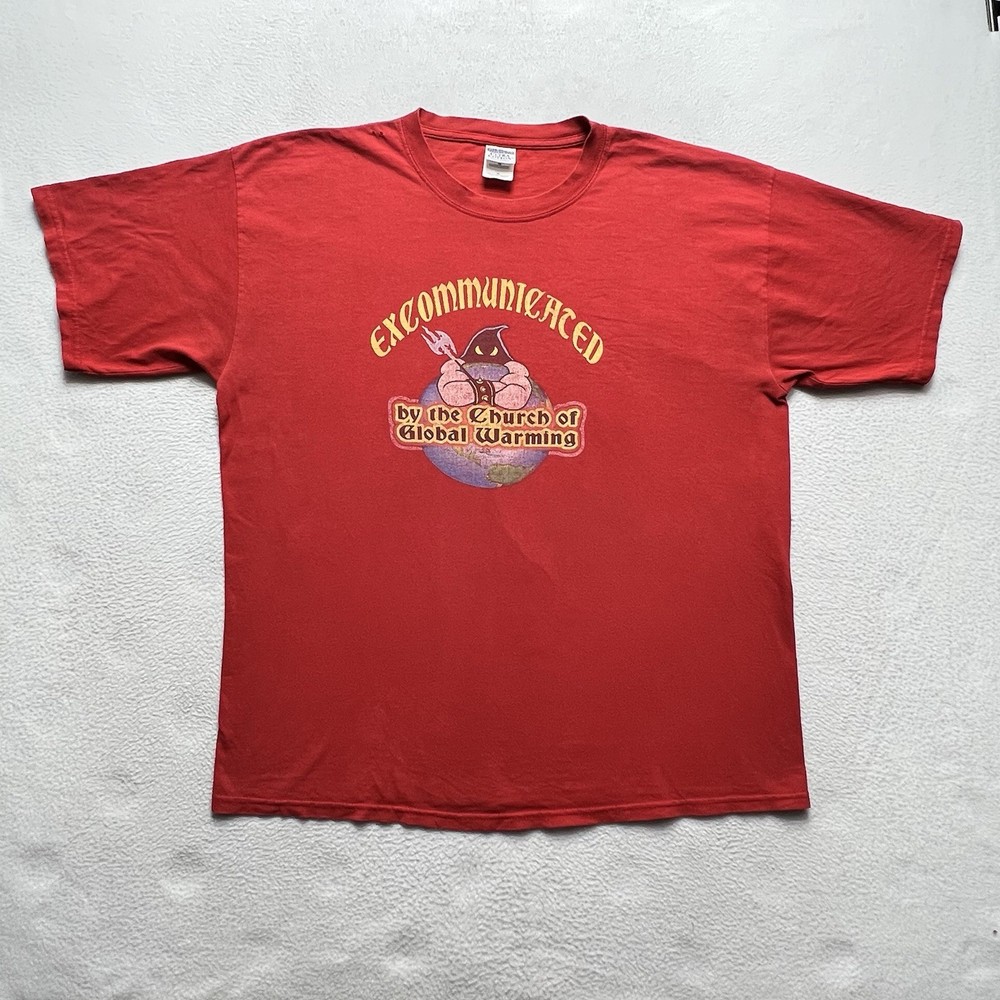Vintage Excommunicated Church of Global Warming Funny Graphic Tee XL Red