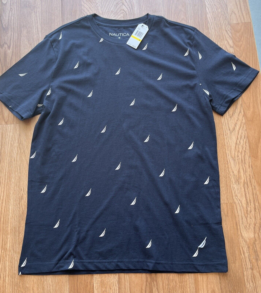 Nautica Men’s T-Shirt Size XL Navy Blue All Over Logo Print Crew Neck NEW
