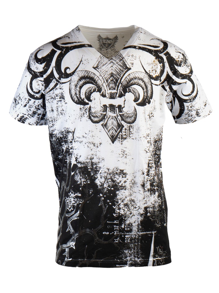 Fleur de Lis Tree Branches Metallic Silver V-Neck T-Shirt White, Large