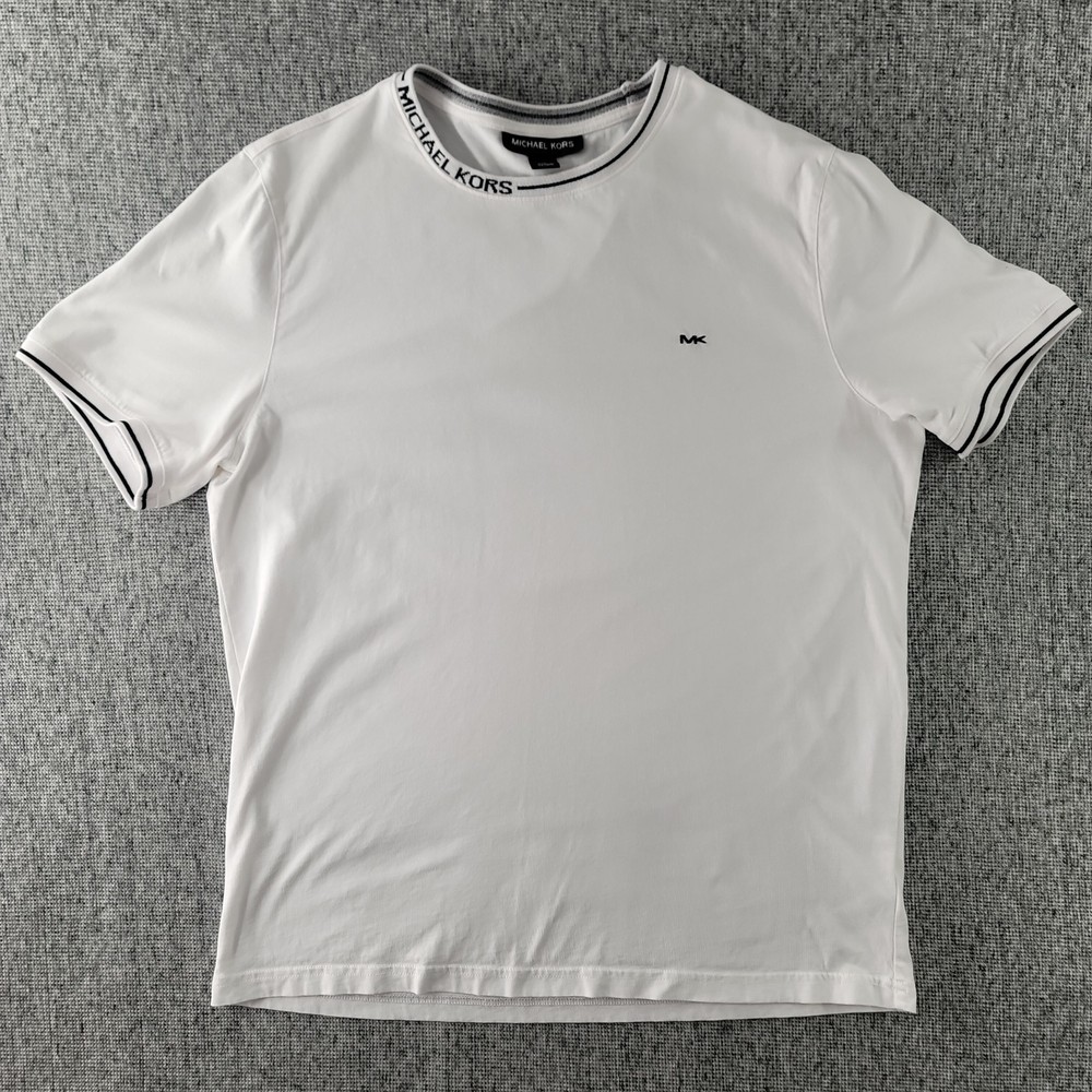 Michael Kors Mens T Shirt Medium White Contrast Trim Collar Logo Crewneck…