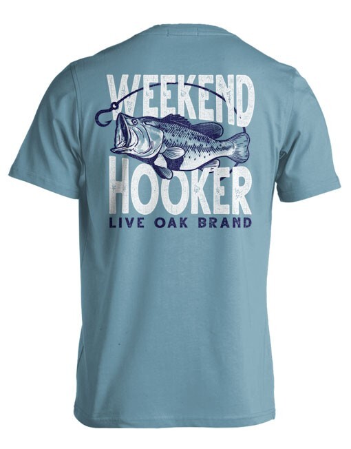 Live Oak Brand Weekend Hooker Bass Fishing T-Shirt, Blue, Graphic Print, Size XL