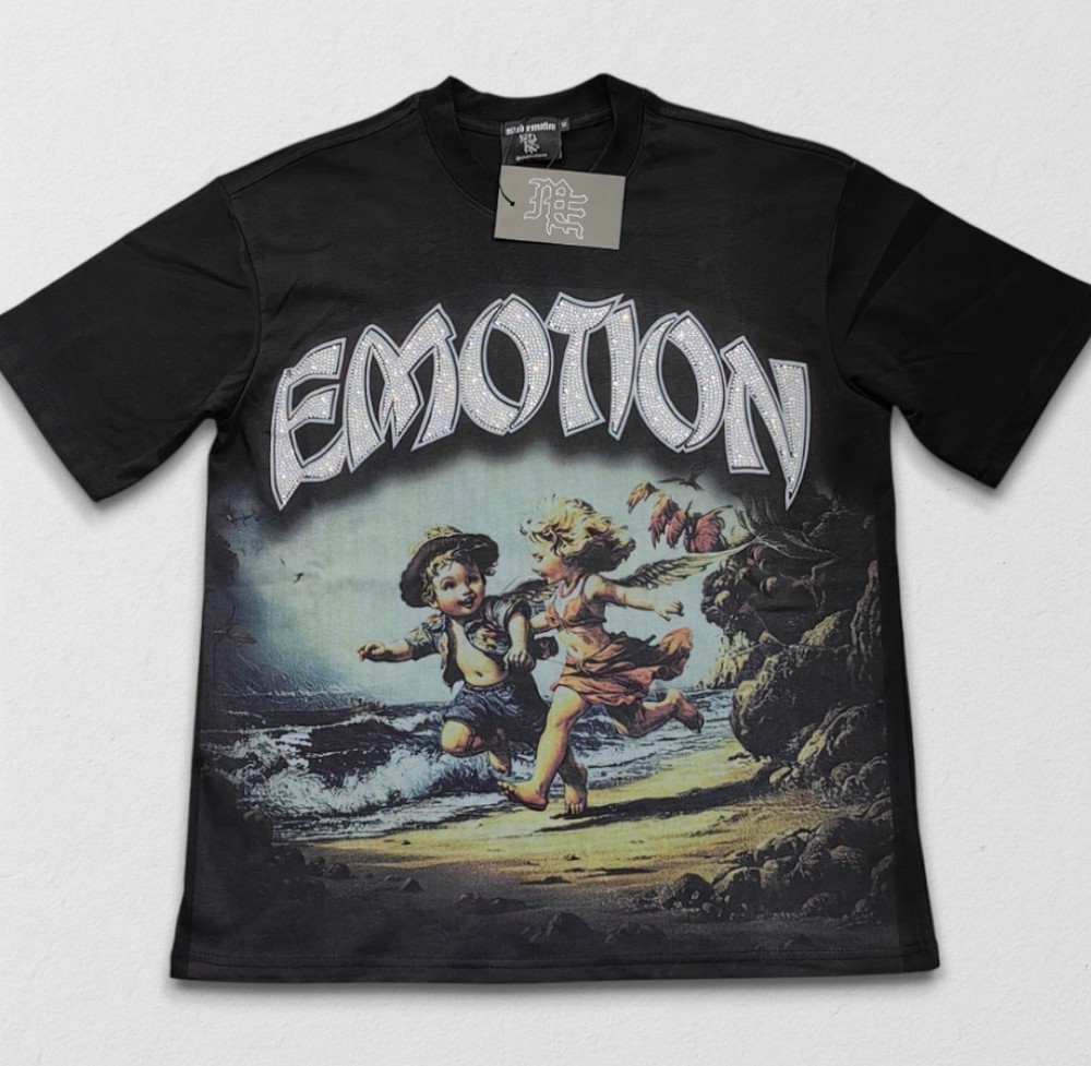 NEW 2026 Mixed Emotion Black “Seaside” Rhinestone High-Quality Men’s Tee S-XL
