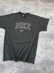 VTG 90s Nike Center Logo T-Shirt Big Logo Swoosh Embroidered Gray Tee Y2K Size S