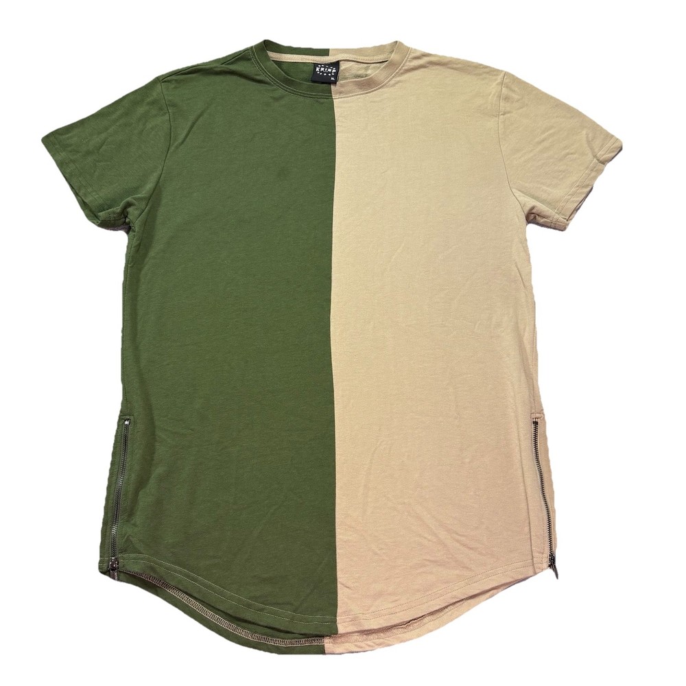 KRISP NYC T-Shirt Green Tan Split Asymmetrical Hem with Zippers Men’s Size XL