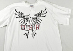 men’s Gildan size medium t-shirt crew neck white short sleeve cotton w/print