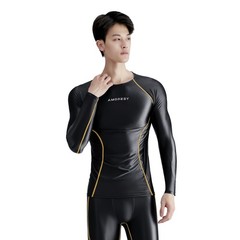 AMORESY Men Glossy Satin Oil Long-Sleeve Fitness T-Shirt Round Neck Running Tops