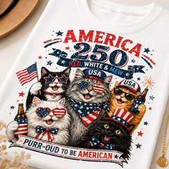 America 250 Birthday Shirt Patriotic Cat USA Flag 4th July Tee Gift