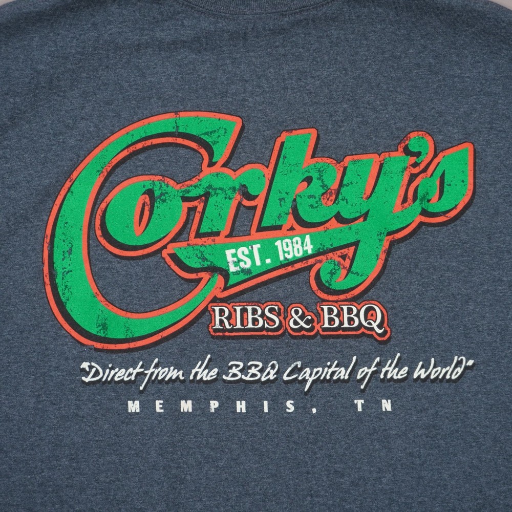 Corky’s Ribs & BBQ Memphis Tennessee T Shirt Mens XL Blue Heather 50/50