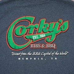 Corky’s Ribs & BBQ Memphis Tennessee T Shirt Mens XL Blue Heather 50/50