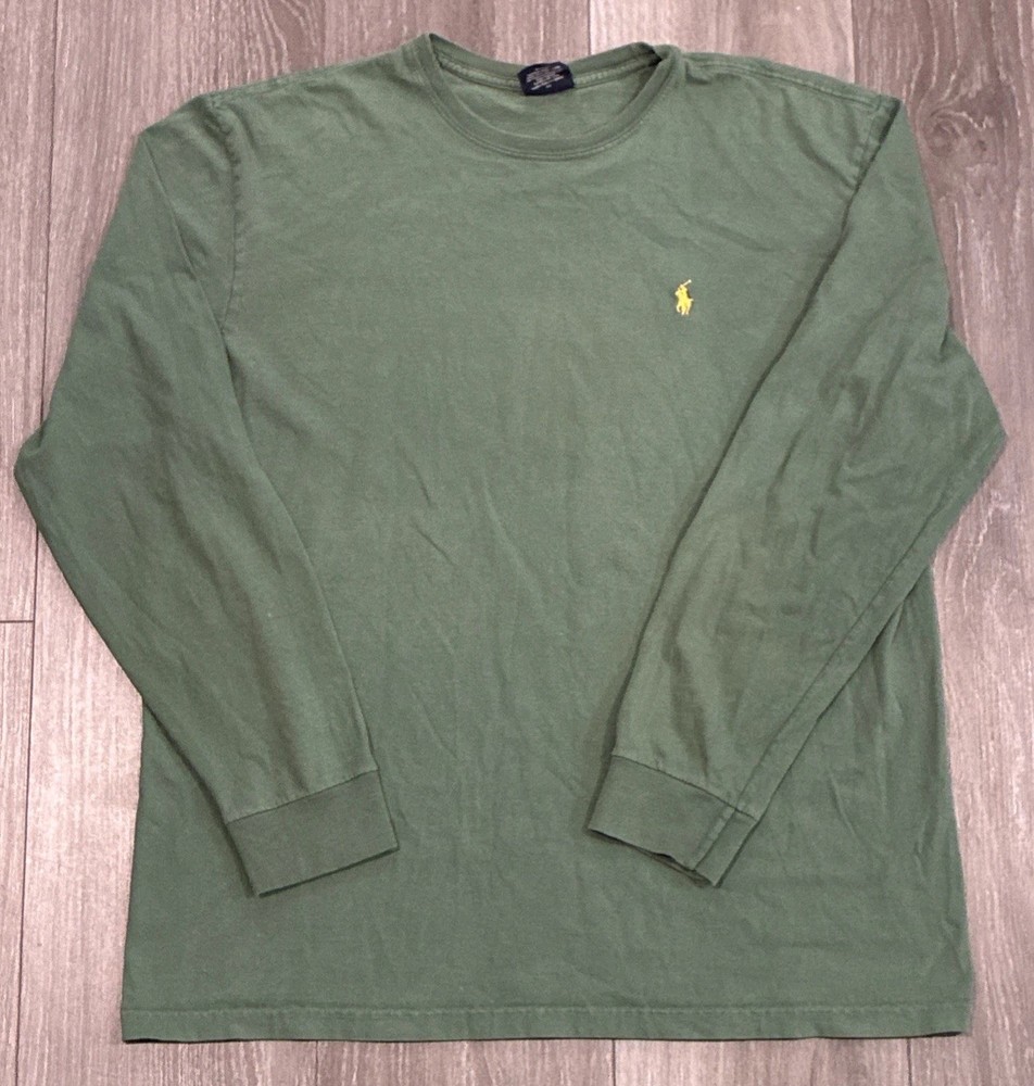 Vintage 90s Polo Ralph Lauren Long Sleeve T-Shirt Green Mens Large Yellow Pony