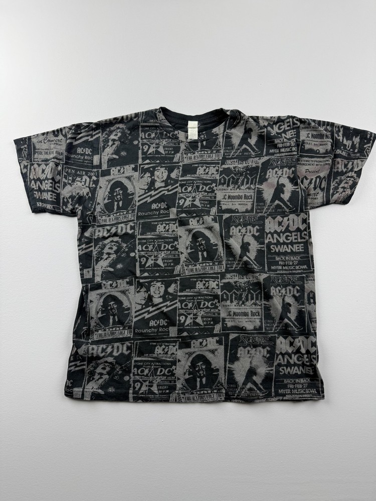AC/DC Tultex Shirt Mens Medium Black Allover Concert Flyer Graphic Tee Rock Band