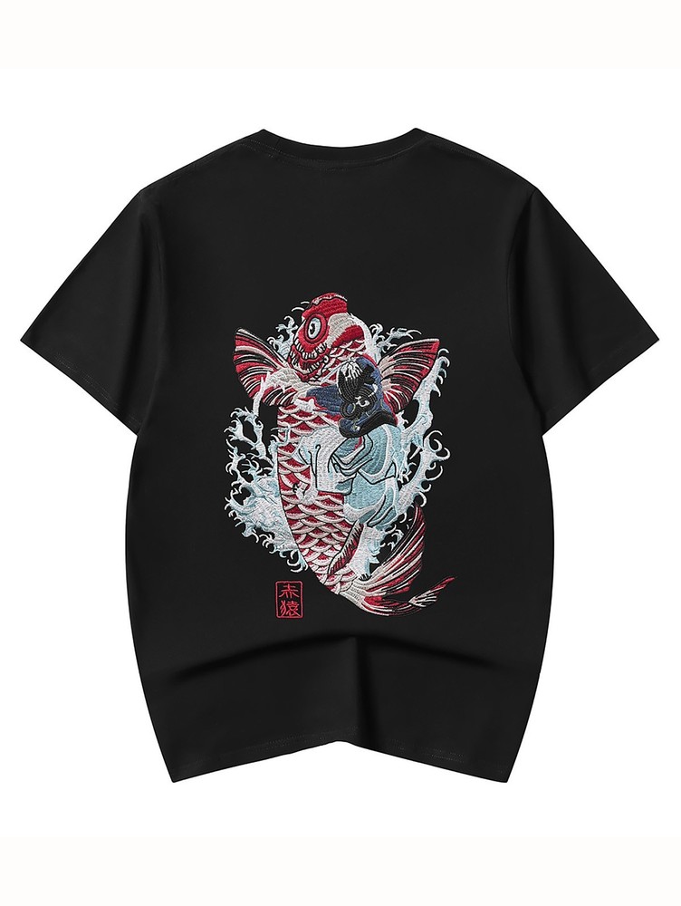 Niepce Men’s Ukiyo-e Carp Embroidery Tee Japanese Streetwear T-Shirt