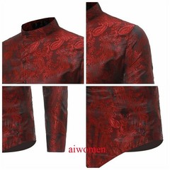 Men Printed Shirt Vintage Long Sleeve Grandad Collar Top Asymmetric Hem Slim YM0