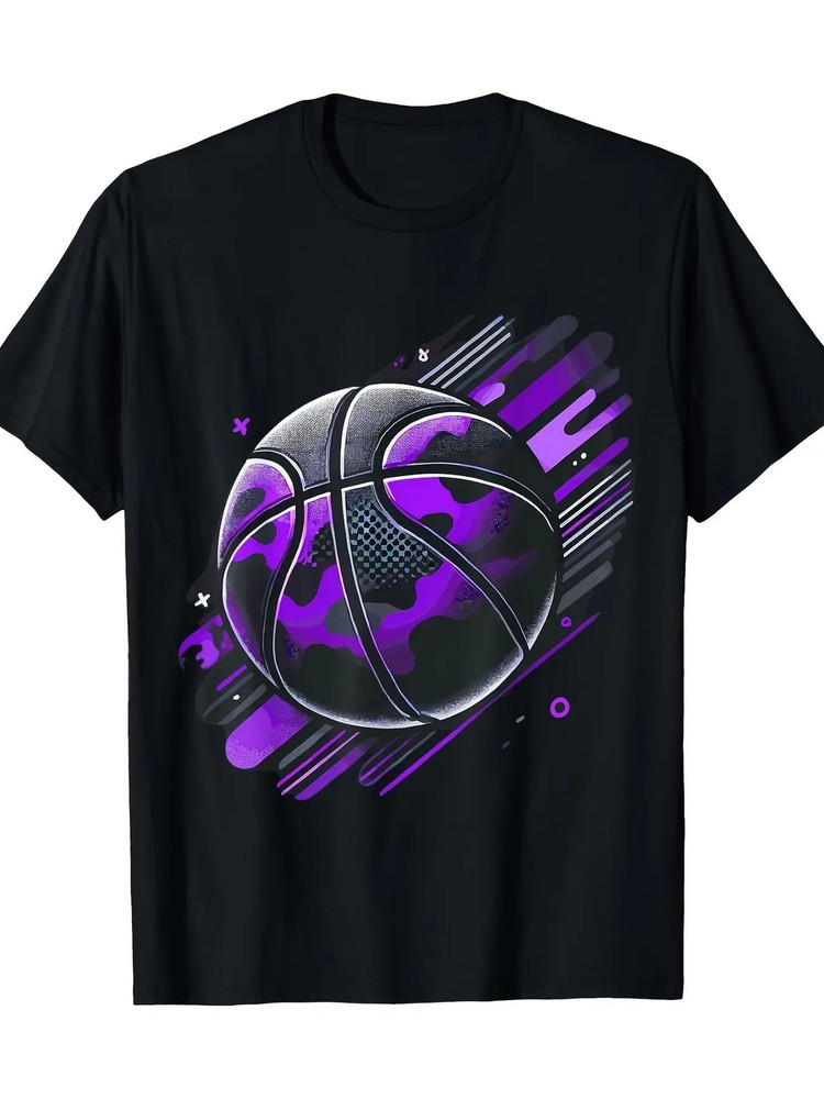 100% Cotton Men’s Black Graphic T-Shirt | Casual Loose Fit with Purple & White
