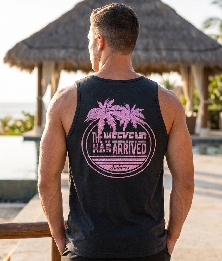 Chubbies Tank Top Mens Small S Black The Weekend Has Arrived Tropical Palm Tree