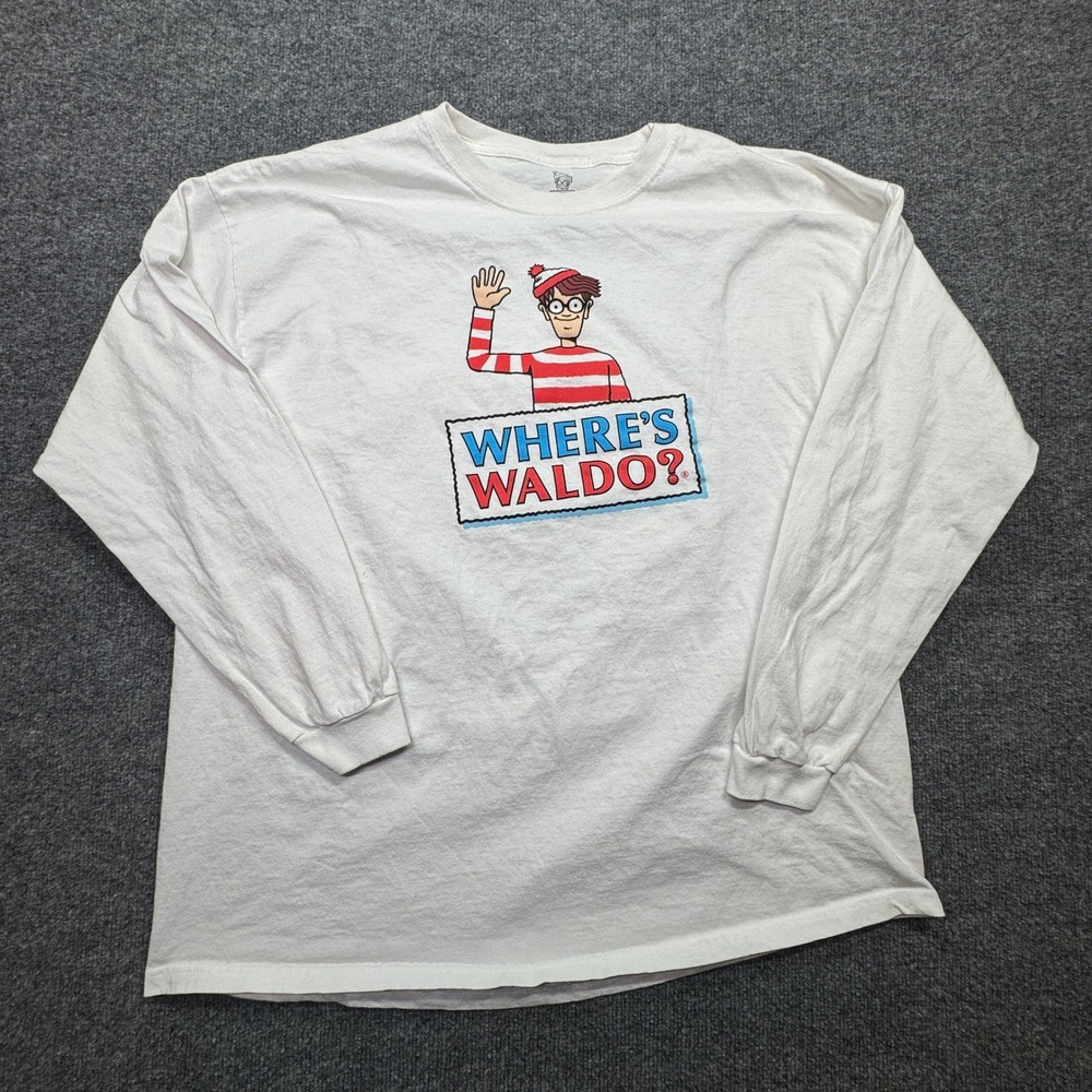 Where’s Waldo? T-Shirt Mens XXL White Long Sleeve Graphic Cartoon Camping Map