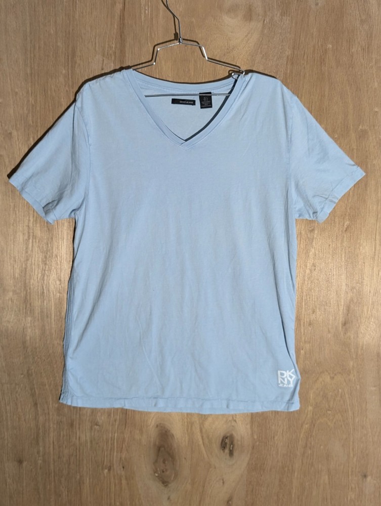 dkny shirt mens size L crew neck v-neck logo blue