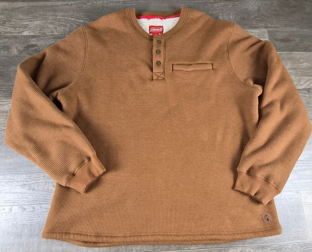 Coleman Henley Thermal Shirt Mens XL Sherpa Lined Waffle Knit Brown Pre-owned