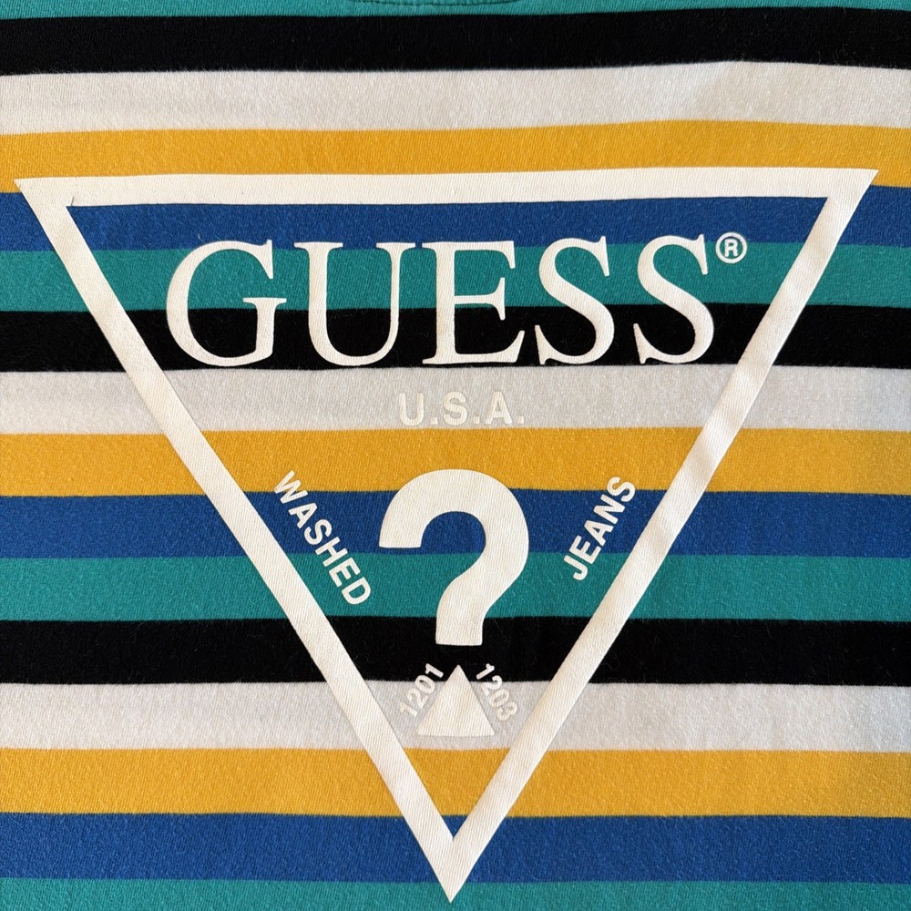 Guess Originals Men’s L Vista Logo T-Shirt Blue Black Yellow Striped Streetwear