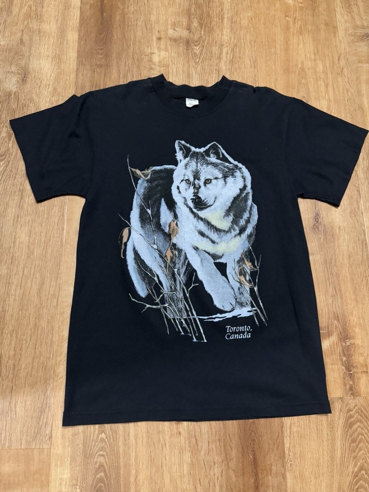 Vintage 90s Wolf Big Print Nature Tee Tshirt Single Stitch Black Mens L Canada
