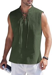 Men Cotton Linen Tank Top Sleeveless Lace Up Shirt Bohemian Beach Casual Tunic