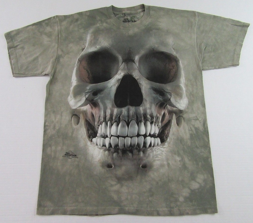THE MOUNTAIN 3D Scary SKULL Face Gray Tie Dye SS 100% Cotton T Shirt Sz L (NWOT)