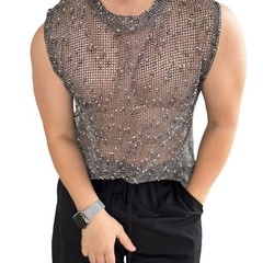 Men’s Fishnet Hollow Vest Sleeveless Shiny Mesh Tank Top for Club Party Daily