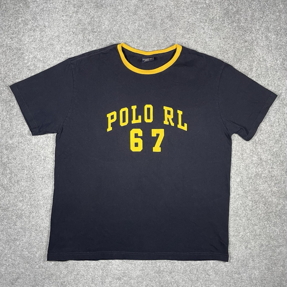 Polo Ralph Lauren Ringer T Shirt Mens M Vintage 90s RL 67 Spellout Navy Yellow