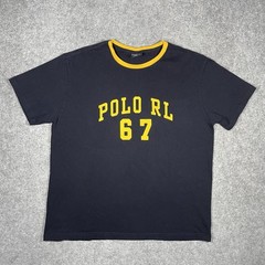 Polo Ralph Lauren Ringer T Shirt Mens M Vintage 90s RL 67 Spellout Navy Yellow