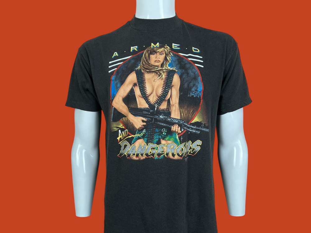 Vintage 3D Emblem Just Brass Armed and Dangerous Biker Black 1990 T Shirt Size M