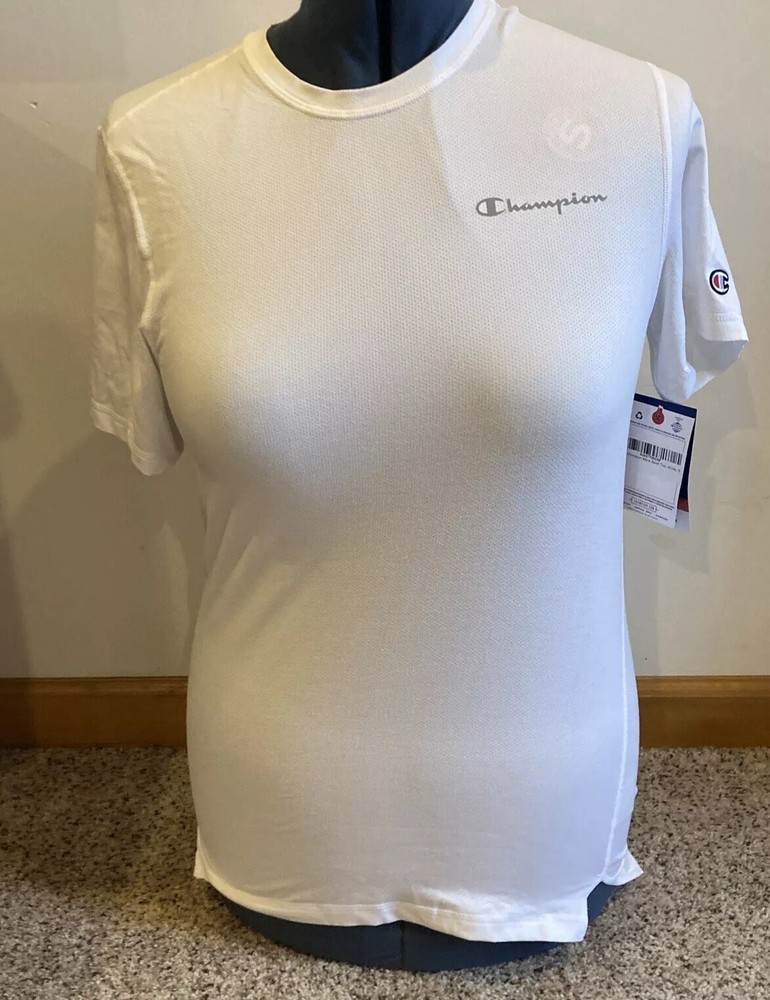 Champion Men Crew Neck Short Sleeve Small White Mesh Sport Tee Anti-Odor Wicking