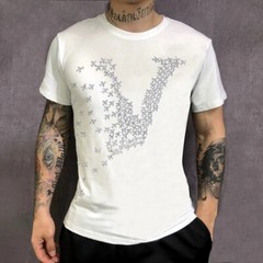 Fashion Men Hot Drill Planes Printed Rhinestones Luxury Slim Black White T-Shirt