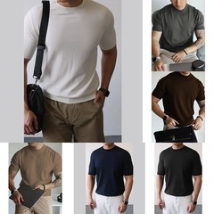 Mens Knitted Tee Casual Short Sleeve Office Outfits Retro Style Knitted Fabric