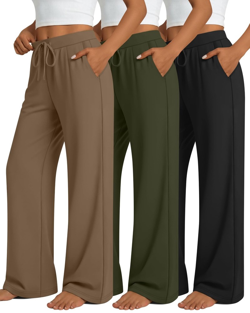 3 Pack Women’s Wide Leg Lounge Pants, Loose Drawstring Yoga Sweatpants with P…