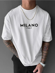 Men’s Letter Print Round Neck Tee, Regular Fit Short Sleeve T-shirt NEW