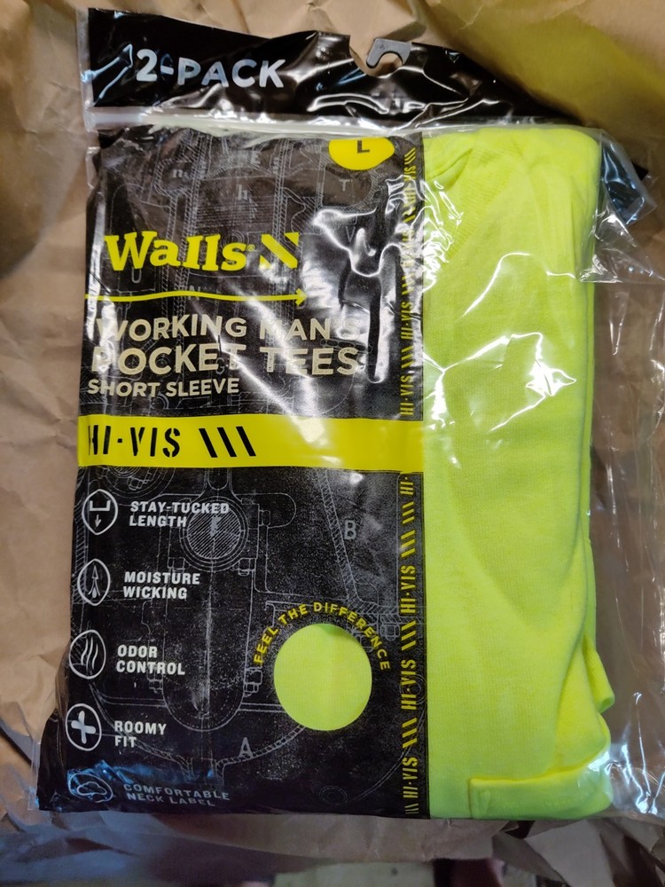 NEW Walls Short Sleeve Working Man’s Pocket Tees 2 Pack – Large Hi-Vis