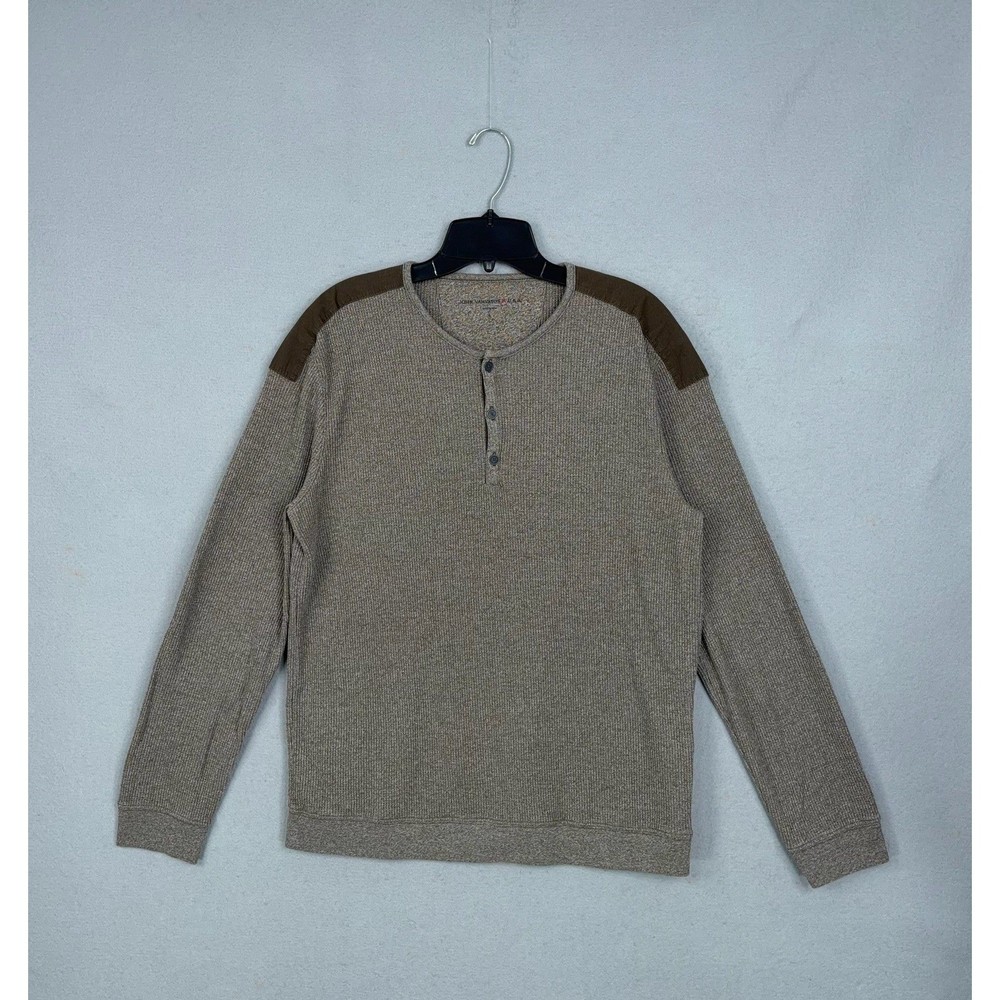 John Varvatos USA Henley Mens Large Brown Marled Waffle Knit Elbow Patch Casual
