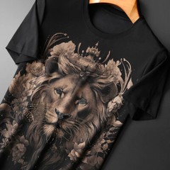 New Fashion Lion Rhinestone Summer Short Sleeve Luxury Men Cotton Trend T-Shirt
