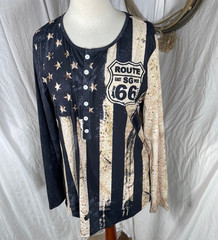 Route 66 Mens Shirt Large Henley Flag USA Blue Brown Button Easy Care