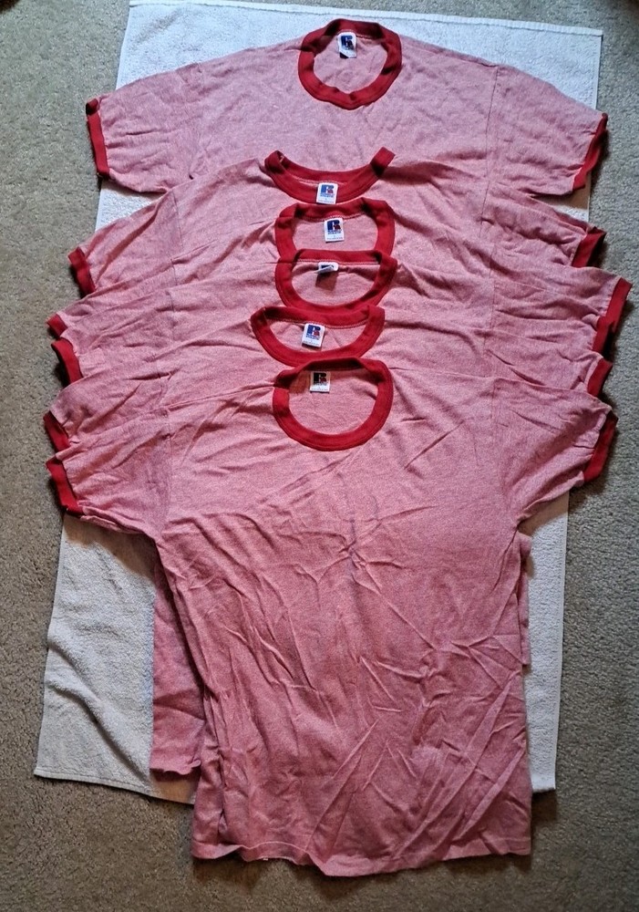 6 Vintage 80s 90s Russell Athletic Ringer Heather Red Tri Blend Large Blank
