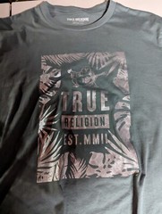True Religion Grey/Green Adult Foil Leaves Graphic Crew Neck T-shirt Sz Large