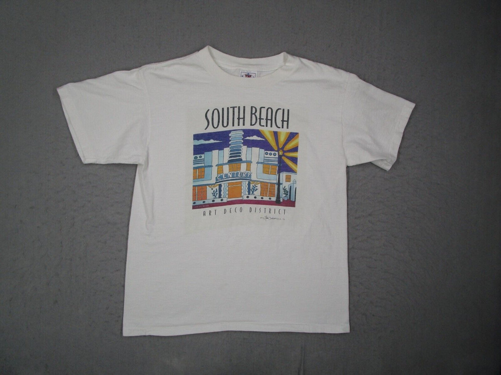 Vintage South Beach Shirt Men Medium White TSF Art Deco Miami Single Stitch 90s