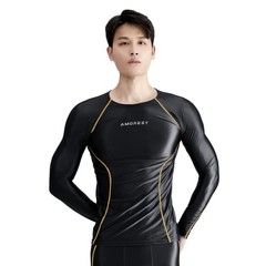 AMORESY Men Glossy Satin Oil Long-Sleeve Fitness T-Shirt Round Neck Running Tops