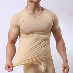 Men’s Smooth T-Shirt Sheer Gym V-Neck Tops Slim Fitness Soft Tight Short Tee Hot